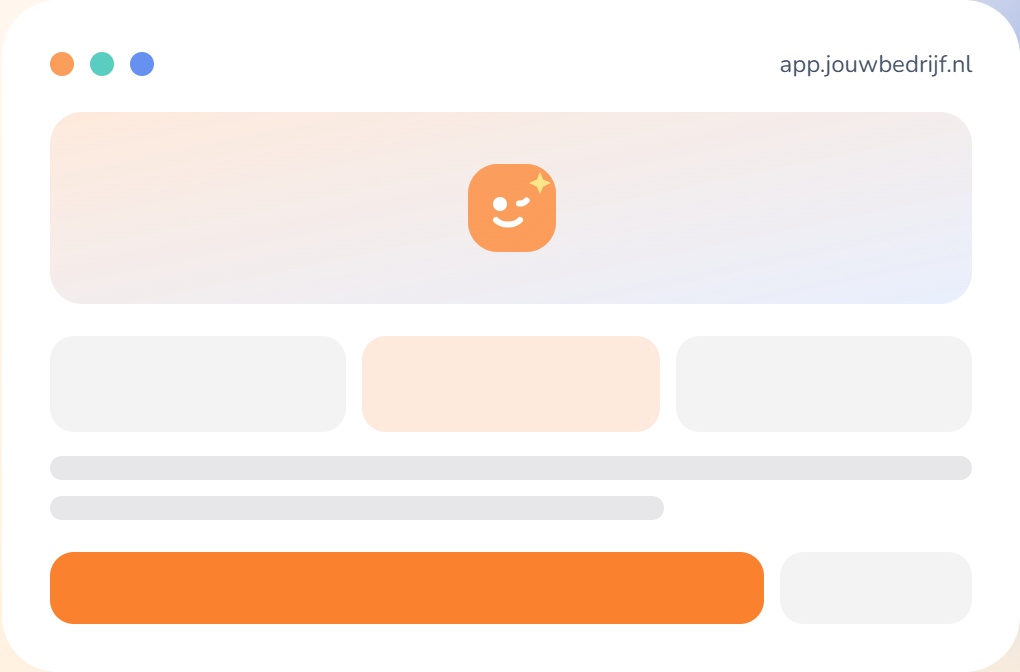 Voorbeeld van een app laten maken: app-interface (app.jouwbedrijf.nl) met dashboardkaarten en knop